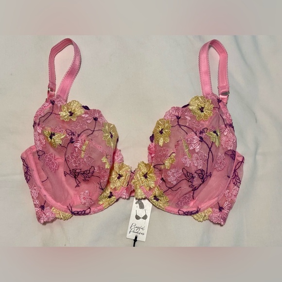 NWT Playful Promises Luna Pastel Pink Embroidery Picot Elastic Plunge Bra - Picture 5 of 8